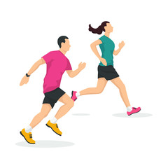 Fototapeta na wymiar Man and woman are running in modern style vector illustration, healthy person simple flat shadow isolated on white background.