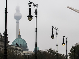 View of Berlin Cathedral and TV tower on a foggy morning. Berlin, Germany. October 2014