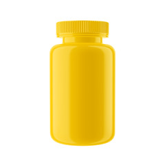 Yellow Glossy Plastic Bottle with Cap, Isolated on white background.