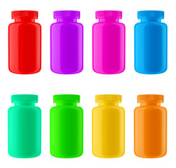 Glossy Plastic Bottle with Cap 8 Multicolor Set, Isolated on white background.