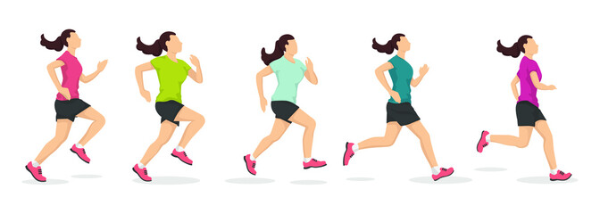 Set of running woman in modern style vector illustration, healthy person simple flat shadow isolated on white background.
