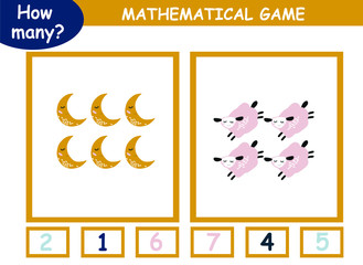 worksheet . Mathematics task. How many objects. Learning mathematics, numbers. Tasks for addition (counting) for preschool kids, children.