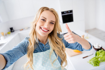 Closeup photo of beautiful housewife making selfies raise thumb finger up recording video vlog cooking blogger tasty vegan meal recommend stay home time kitchen indoors