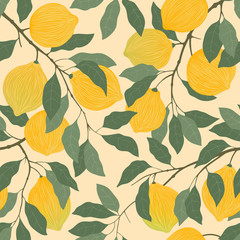 Lemons on branches with leaves and texture in oil paint style, artistic seamless pattern. For fabric design, packaging, etc.