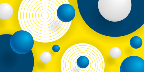 Abstract background 3D. Vector illustration with geometric shapes. Balls and circles. Dynamic sphere and circle. Yellow and blue color. Horizontal banner. Design cover, wallpaper, template, card, web