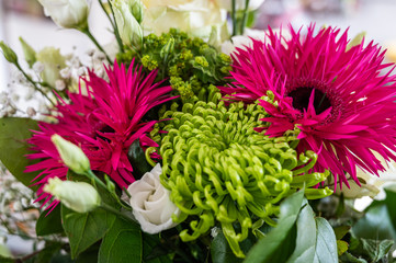 A closeup view of a bouquet with white roses, pink aster alpinus, and green spider mum flowers