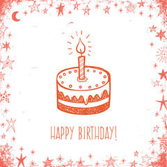 Happy birthday greeting vector card with doodle cake