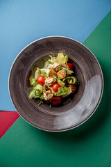 Salad vegetables cucumber tomato pepper tofu sauce salted traditional cuisine