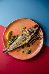 Traditional salmon grilled green bean lemon microgreen sauce fish plate