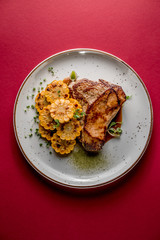 Beef steak sauce pepper cafe restaurant grill cuisine top view dish cafe corn