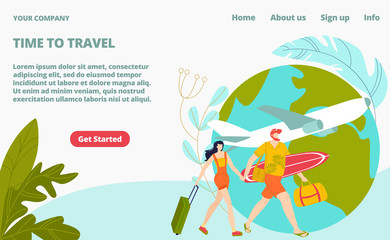 Fototapeta premium Time to travel tourism landing page, young people travellers on vacation with traveling bags and airplane, earth globe flight vector Illustration. Tours around world, travel agency website.