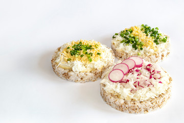 rice waffles for Breakfast, embittered with egg, green onions and radishes
