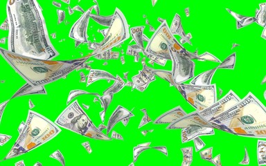 Flying dollars banknotes isolated on chromakey. Money is flying in the air. 100 US banknotes new sample. 3D illustration