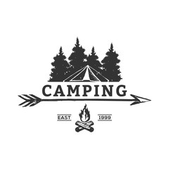 Camping Concept Logo Design Template with Badges, Black and White