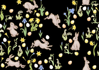 Seamless pattern with a hares, colored eggs and spring flowers for easter. Colored vector illustration. In art nouveau style, vintage, old, retro style. Isolated on black background.