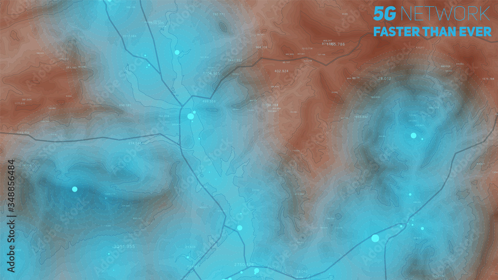 Poster 5g coverage map of land. elevation map with high signal zones. wifi broadcasting zones. network good