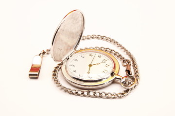 photograph of a wristwatch with a lid, in silver, with a chain to attach to the trouser buckle,