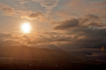 Sunrise over Frigiliana and Nerja. Costa del Sol, Málaga province, Andalusia. Spain