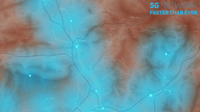 5G coverage map of land. Elevation map with high signal zones. Wifi broadcasting zones. Network good connection map.