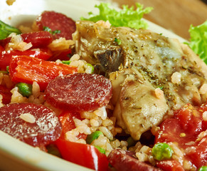 Baked rabbit chorizo rice