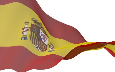 Foto op Plexiglas The flag of Spain. Official state symbol of the Kingdom of Spain. Concept: web, sports pages, language courses, travelling, design elements. 3d illustration © Plastic man