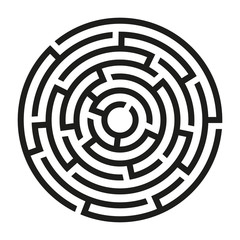 Black circle vector maze isolated on white background. Black labyrinth with three entrances. Vector maze icon. Labyrinth symbol. Circle puzzle
