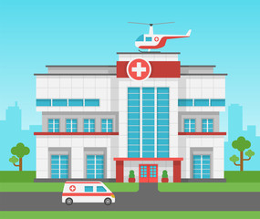 Hospital building. Health centre, medical clinic panorama exterior and ambulance car, helicopter. Medic service vector healthcare concept © YummyBuum