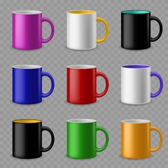 Color cups. Ceramic colorful cup template for different drinks, branding identity design. Pottery mugs vector mockups