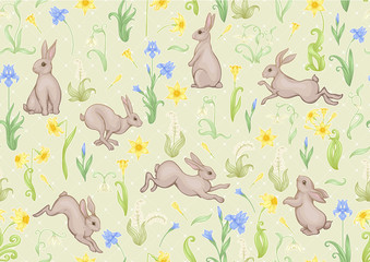 Fototapeta na wymiar Seamless pattern, ackground with spring flowers and rabbits, hares. Colored vector illustration.