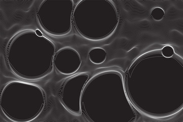 Ultra thin line bubble fluid geometry. Dynamic vector spherical distorted surface. Digital fractal 3d foam. Minimalistic graphics on black background.