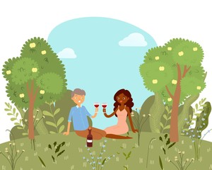 Obraz na płótnie Canvas Love picnic for happy couple with wine in park, nature outdoor, romantic date cartoon vector illustration. Valentine's day card. Lovely couple man and woman together among trees on summer picnic.