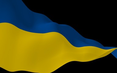 The flag of Ukraine on a dark background. National flag and state ensign. Blue and yellow bicolour. 3D illustration waving flag