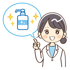 女性、医者、アルコール消毒