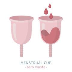 Vector illustration of a menstrual cup, blood collector for women during period and menstruation, zero waste eco way of protection during critical days, feminine hygiene product. White background.