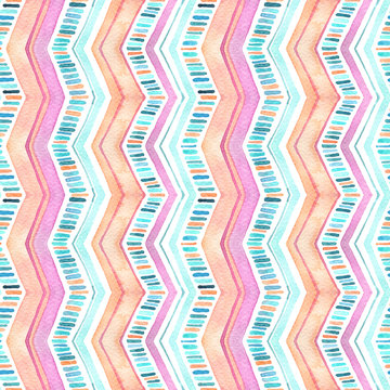 Fototapeta Mint, red and pink watercolor zig zag seamless pattern. Hand painted modern geometric ornament.