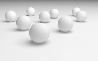 White abstract background. Set of white balls isolated on white backdrop. 3D illustration