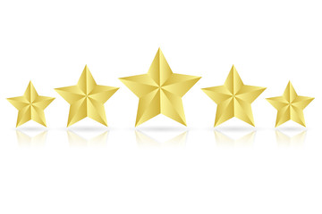 Five golden stars with reflection on white background. Vector illustration