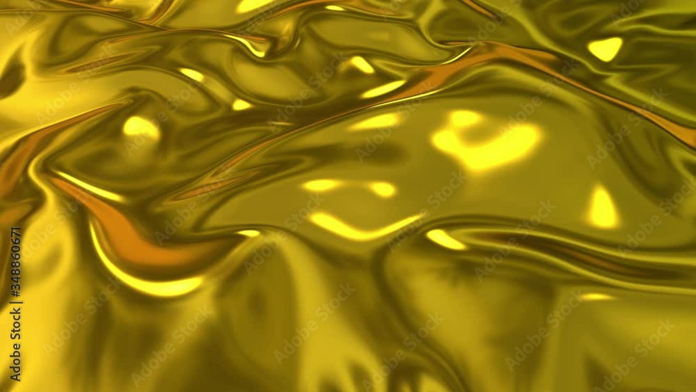 Poster gold silky fabric forms beautiful folds in the air in slow motion. 4k 3d animation of wavy surface f