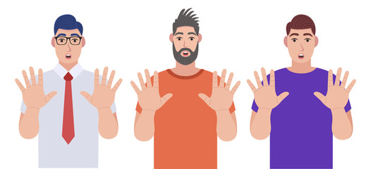 Men shows stop gesture with their hands. Character set. Vector illustration in cartoon style.