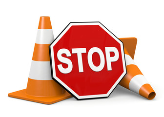 3d illustration stop sign with traffic cone