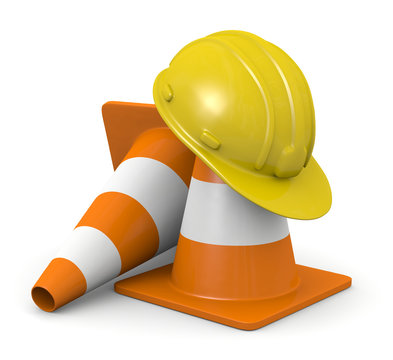 traffic cone 3d illustration with safety helmet