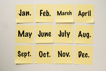 Yellow Sticky Notes on a White Background with the Months of the Year Written on Them