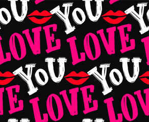 Cute hand dtawn doodle lettering pattern background. Lettering - Love you, Kiss you.