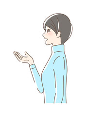 笑顔で手を差し出す女性の横顔