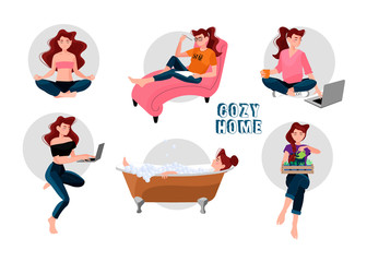 Collection of girl reading or  studying and preparing for examination, taking a bath, caring for plants, relaxing isolated on white background. Flat cartoon vector illustration.