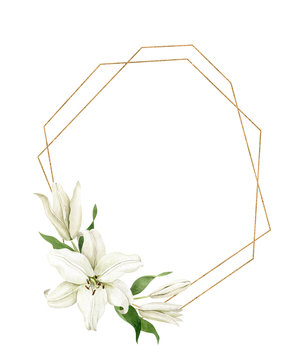 Watercolor white lilies with vertical golden geometric frame isolated on white background. Hand drawn clipart for wedding invitations, greeting cards, birthday invitations.