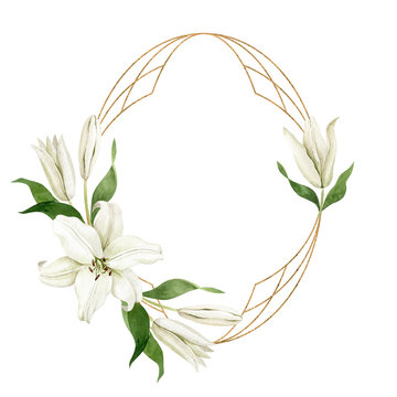 Watercolor white lilies with oval golden geometric frame in art deco style isolated on white background. Hand drawn clipart for wedding invitations, greeting cards, birthday invitations.