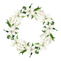 Watercolor floral wreath of white lilies isolated on white background. Hand drawn clipart. Frame for wedding invitations, greeting cards, birthday invitations. © NatNat