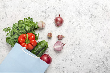 Eco friendly. Paper package blue craft with vegetables Bulgarian red pepper, cucumbers, garlic, onions, parsley, greens on a concrete background with copy space. Flat lay. No plastics. Zero waste