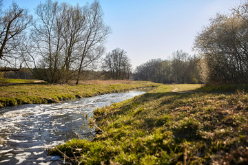 Colorful landscape with a beautiful curved stream with reflections, green meadow, blue sky in spring in Brandenburg, Germany